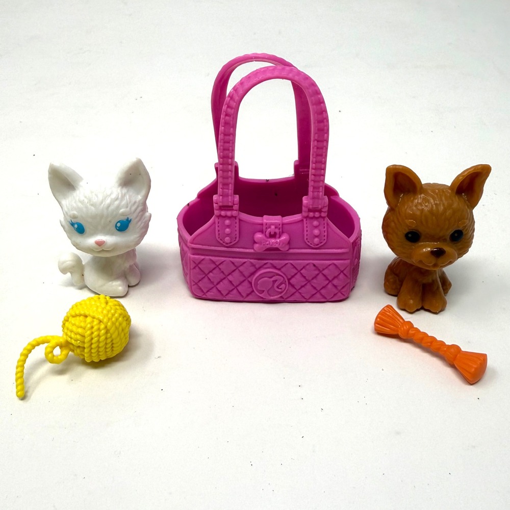 Barbie Pet Accessory Set Pink Carrier White Kitten Brown Puppy Yarn & Bone Toy